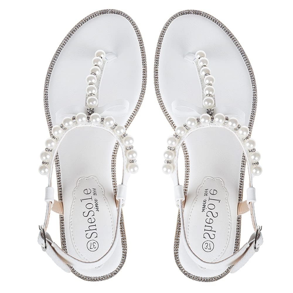 New White Pearl Rhinestone Sandals Bridal Flat‎ Thong Dressy T- Strap Sandals 8